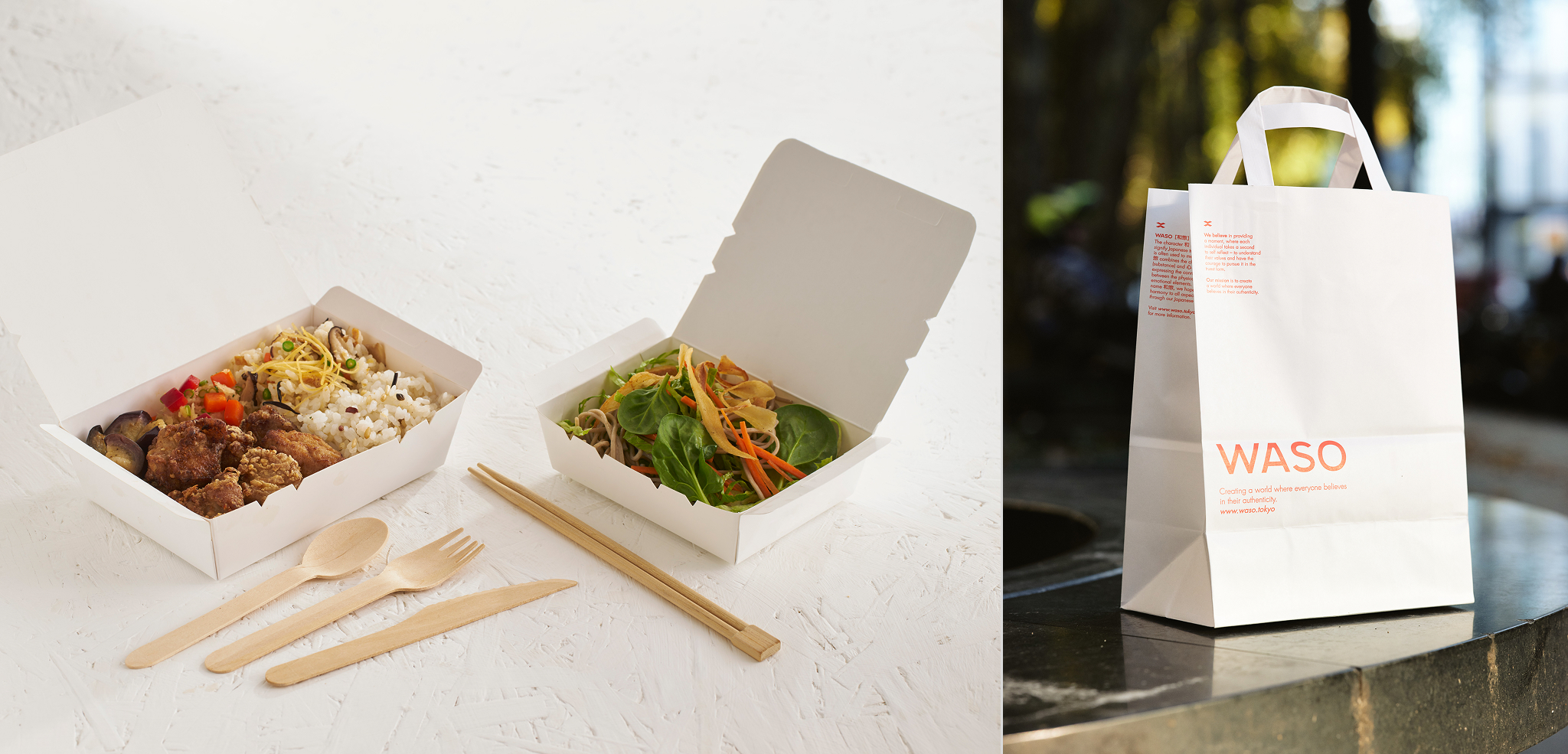 Two Japanese takeaway meals in eco-friendly boxes with a WASO branded paper bag
