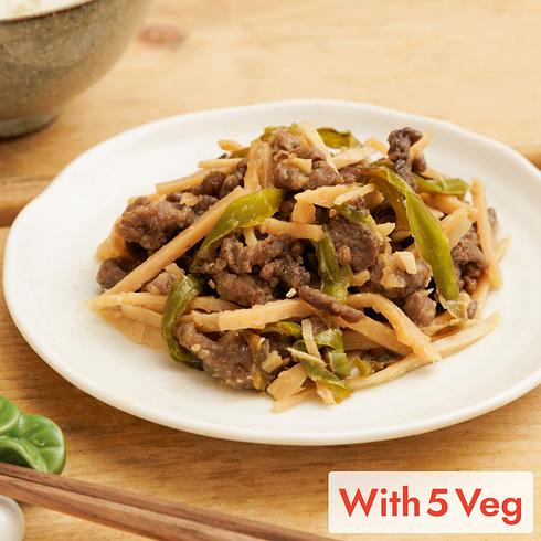 Japanese Style Stir-fried Shredded Beef and Green Pepper (+5 veg)
