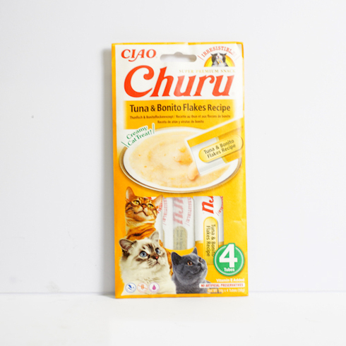 Inaba Churu Tuna & Bonito Flakes- lick-able puree treat for cats (4 x 14g) 