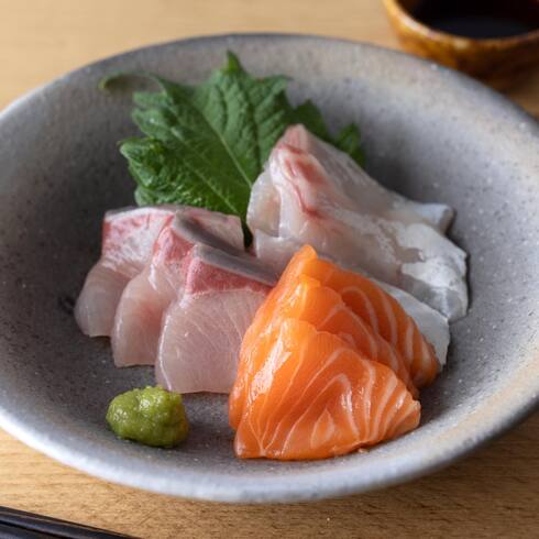 Selection of Sashimi (9pcs: Salmon, Yellowtail, Sea Bream) 90g by Nobu Sakaguchi (15 years at a Michelin starred)