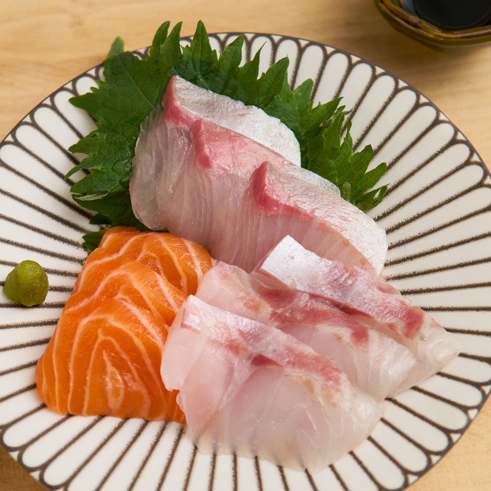 Selection of Sashimi (9pcs: Salmon, Yellowtail, Sea Bass) 90g by Nobu Sakaguchi (15 years at a Michelin starred)
