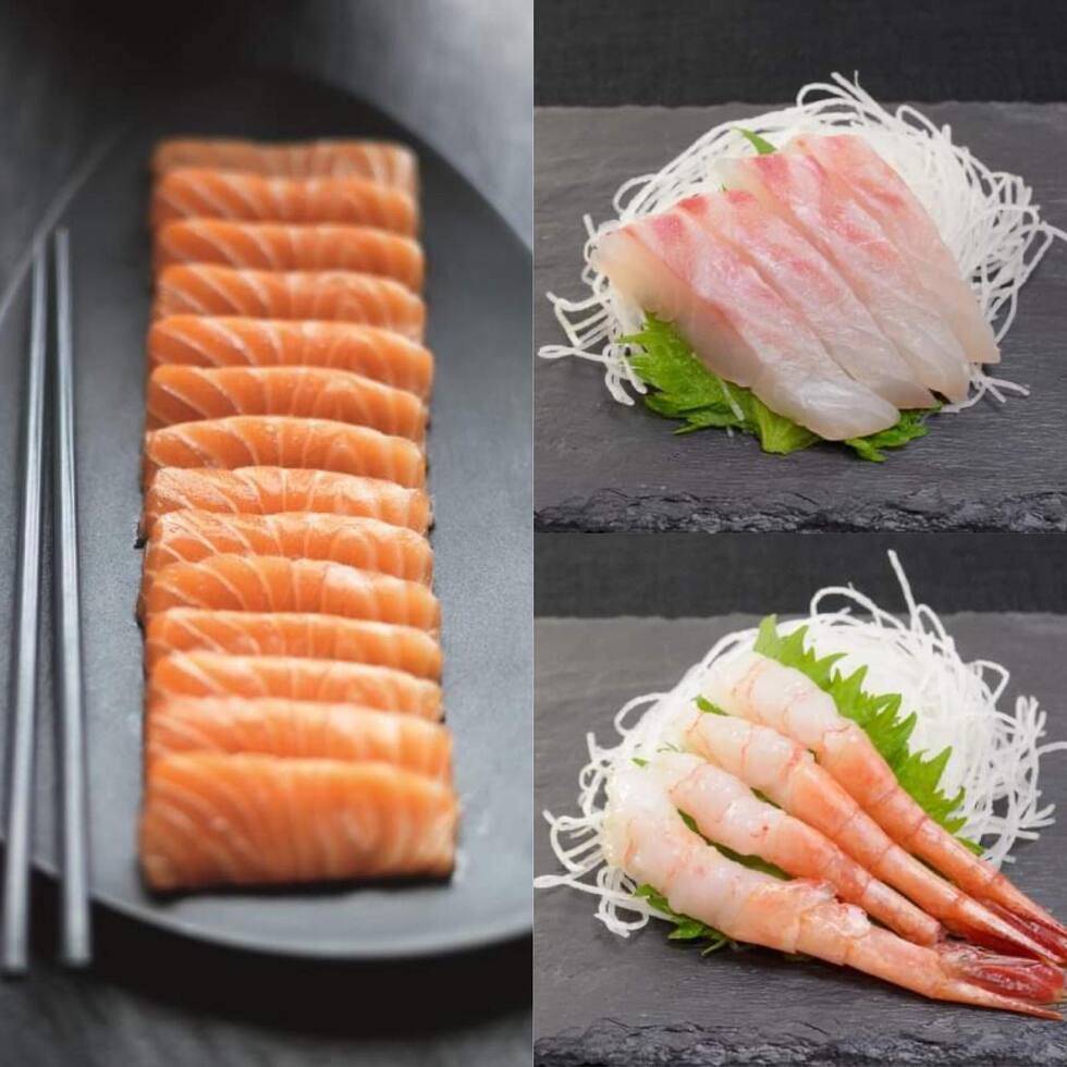 **Selection of Sashimi (9pcs: Salmon, Sea Bream, Amaebi Shrimp 3pcs each)/ お刺身盛り合わせ (9切れ: サーモン、タイ、甘海老各3切れ) by Nobu Sakaguchi (ex Roka's head sushi chef)