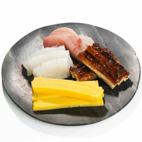 Sashimi Set for Temaki Sushi (Yellowtail from Kagoshima, Squid, Unagi Kabayaki, Tamagoyaki) by Nobu Sakaguchi (15 years at a Michelin starred)
