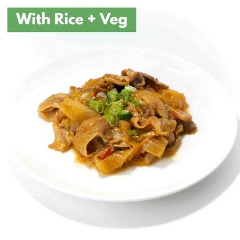 Spicy Stir-Fried Pork Belly, Chinese cabbage and Bamboo Shoot (+Rice & Veg)