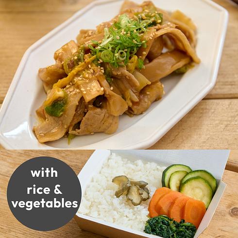 Spicy Stir-Fried Pork Belly, Chinese cabbage and Bamboo Shoot (+Rice & Veg)