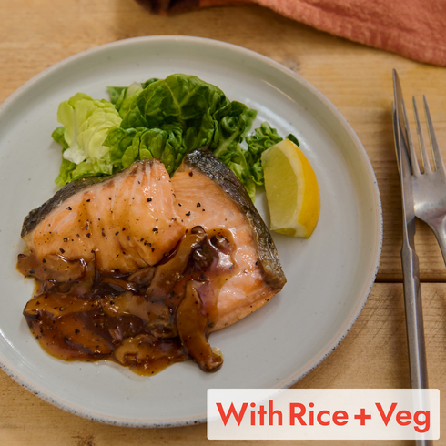 Grilled Salmon with Japanese-Style Mushroom and Pepper Soy Sauce 130g (+Rice & Veg)