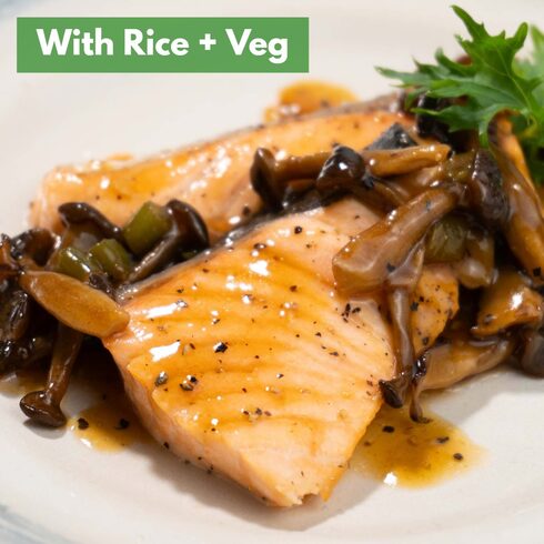 Grilled Salmon with Japanese-Style Mushroom and Pepper Soy Sauce 130g (+Rice & Veg)