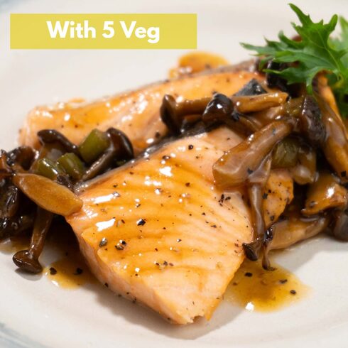 Grilled Salmon with Japanese-Style Mushroom and Pepper Soy Sauce 130g (+5 veg)