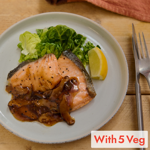 Grilled Salmon with Japanese-Style Mushroom and Pepper Soy Sauce 130g (+5 veg)