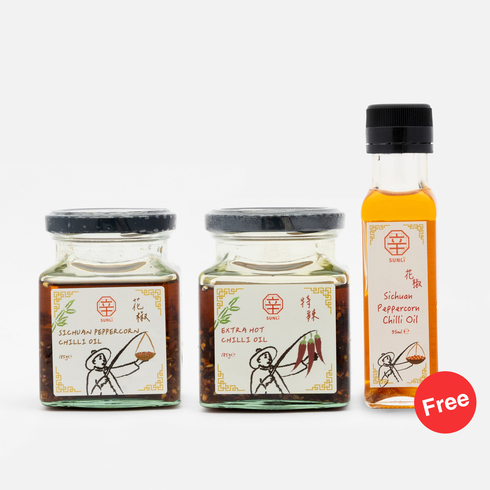 Exclusive Set: SunLi Sichuan Peppercorn Chilli Oil 185g + Extra Hot Chilli Oil 185g (FREE a bottle of Sichuan Peppercorn Chilli Pure Oil 95ml)