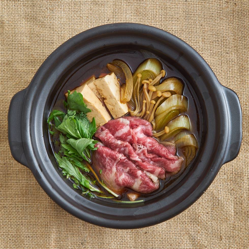 Sukiyaki Set: British Beef 150g, Shiitake & Enoki mushroom, Onion, Leek, Tofu, Mizuna Leaf and Sukiyaki Sauce