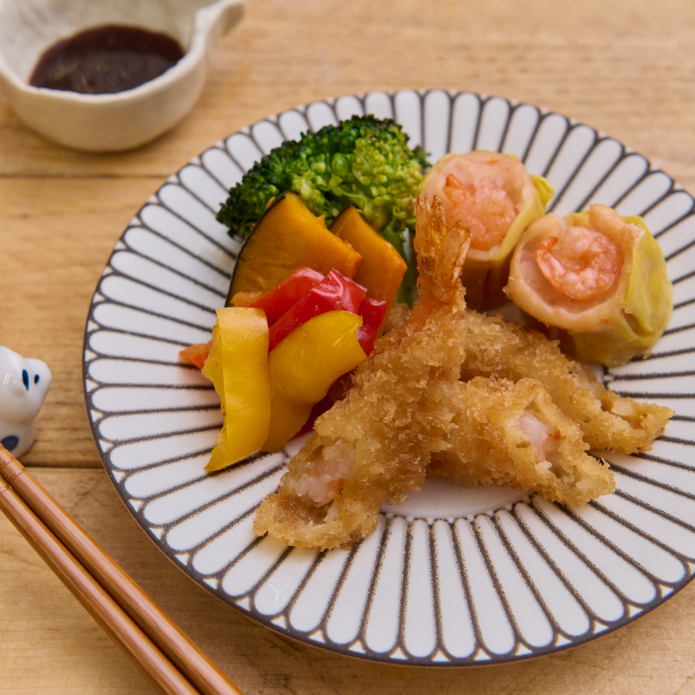 Kids' Fried Prawn & Seafood Shumai with Sesame-Dressed Pumpkin & Veg