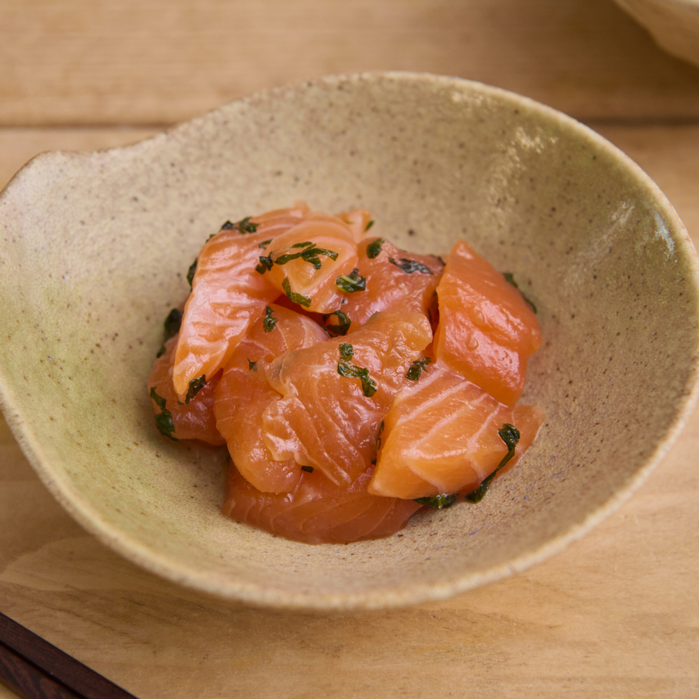 Salmon Chunks Marinated in Umeboshi Shiso 60-65g by Nobu Sakaguchi (15 years at a Michelin starred)