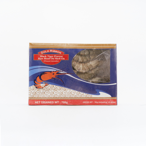 Gold Ribbon Black Tiger Prawns Raw Head On Shell On 1kg (700g Net) 13-15 pcs