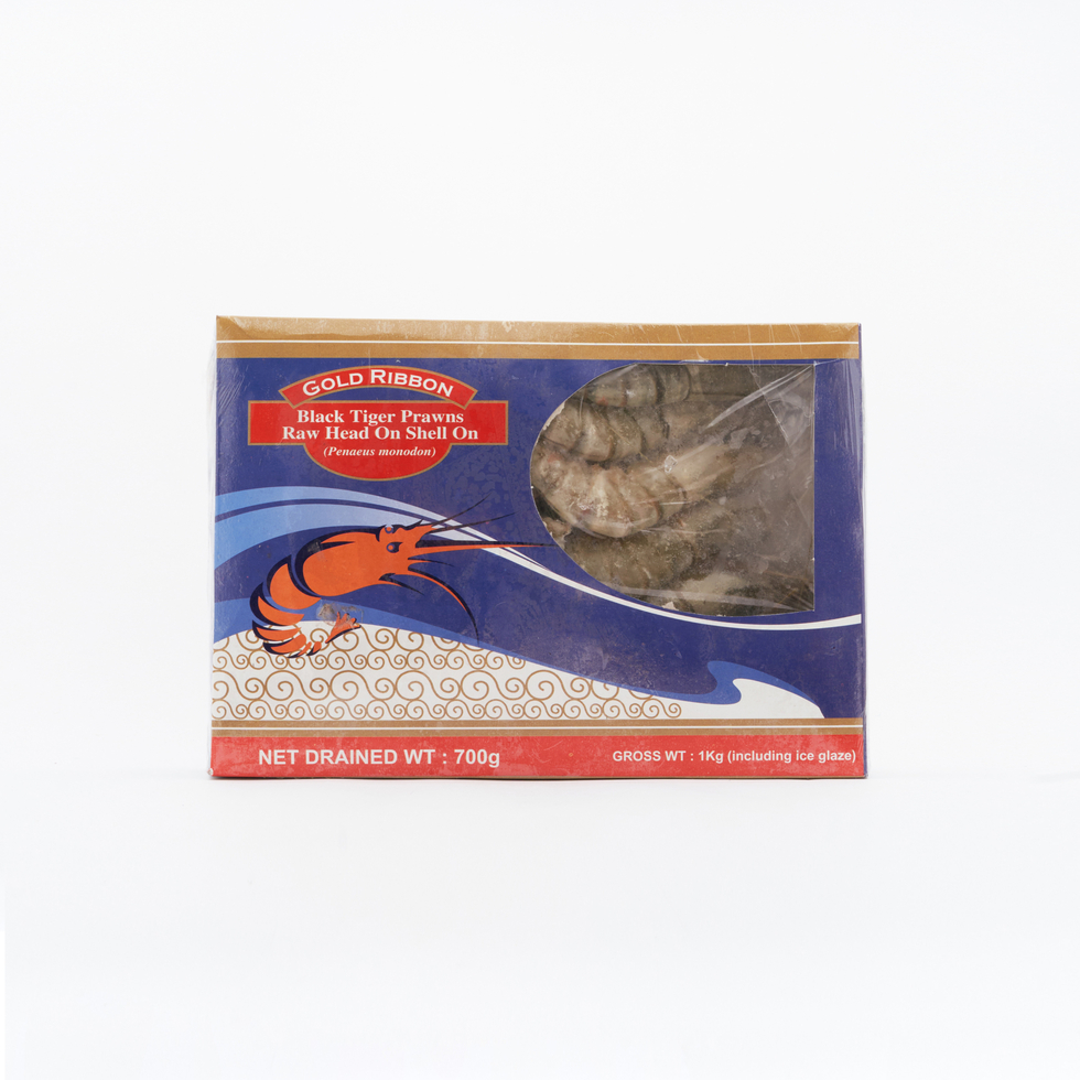 Gold Ribbon Black Tiger Prawns Raw Head On Shell On 1kg (700g Net) 13-15 pcs