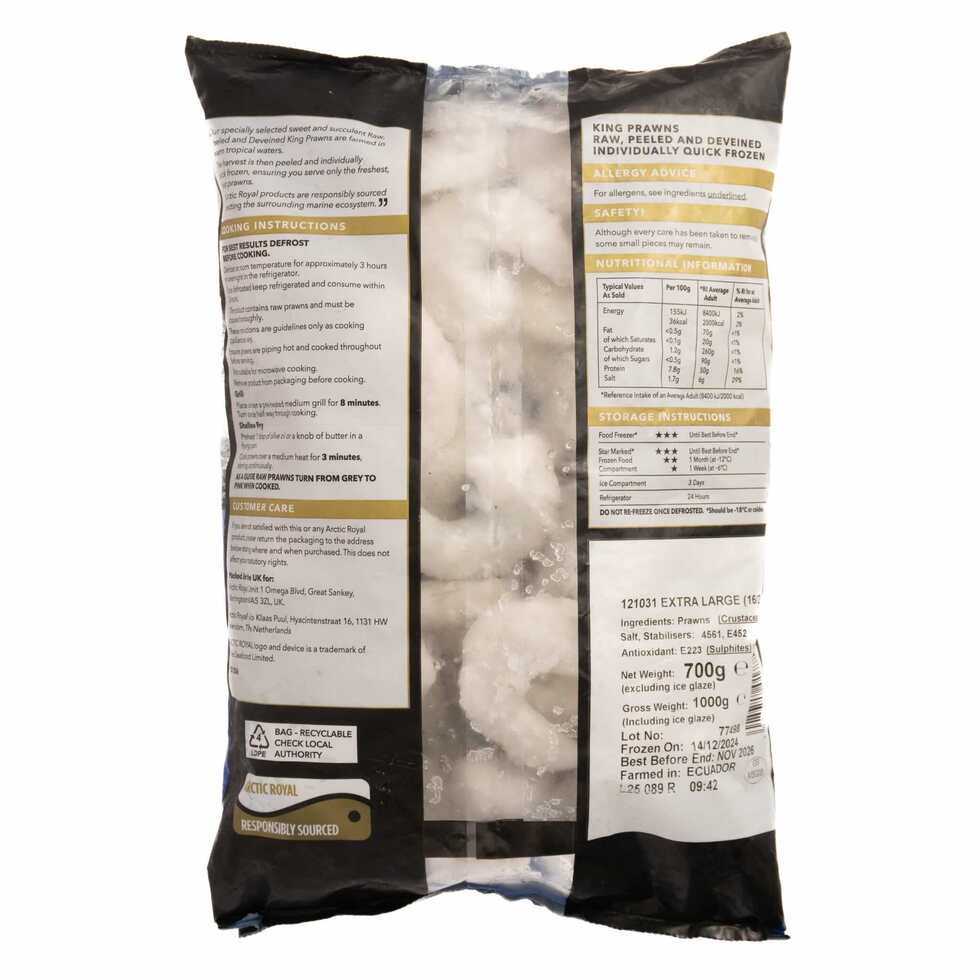 Arctic Royal King Prawns 16/20 (Raw, Peeled & Deveined) 1Kg (Net 700g)