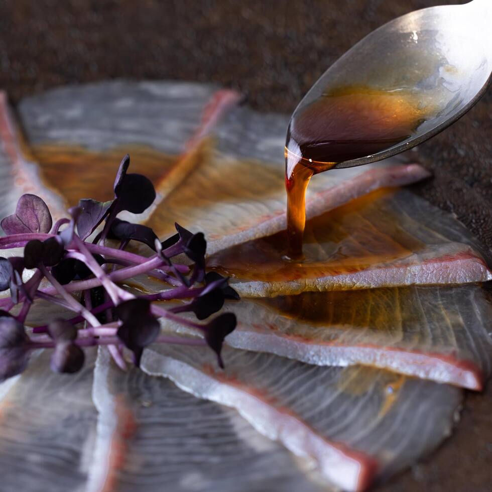 Yellowtail Carpaccio with Truffle Dressing 10pcs/45-55g by Nobu Sakaguchi (15 years at a Michelin star)