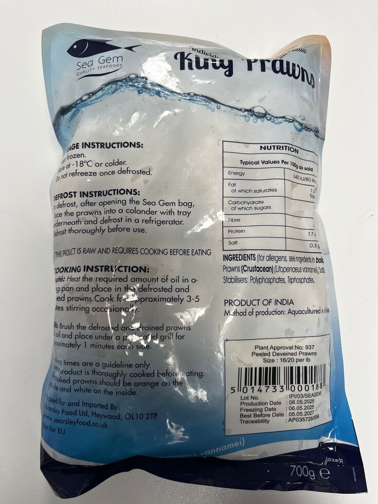 Sea Gem King Prawns 16/20 (Raw, Peeled & Deveined) 1Kg (Net 700g)