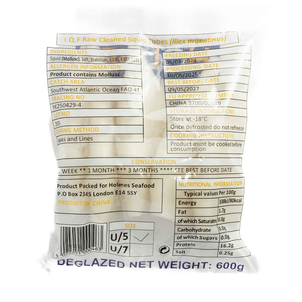 Holmes IQF Squid Tubes 600g 