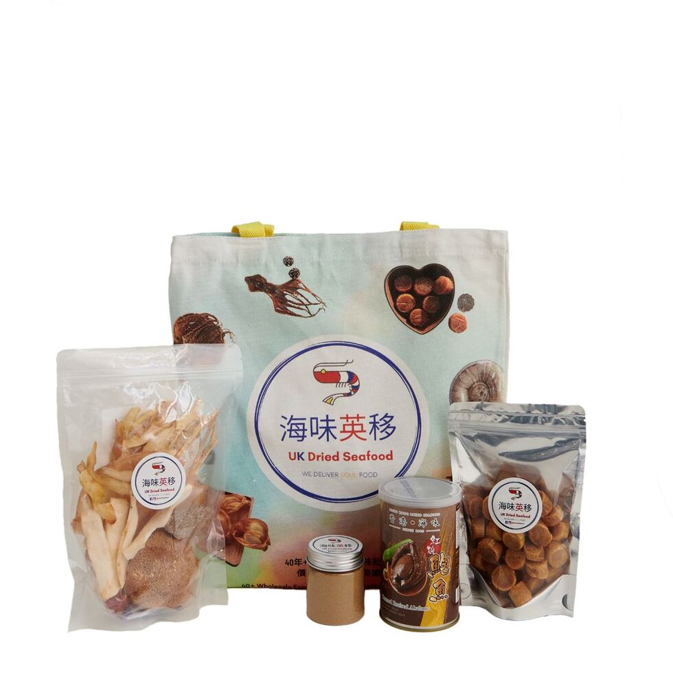 Premium Dried Seafood Health Set - Japanese Dried Scallops 150g, Hong Kong Seafood Braised Abalone In Brown Sauce (6 Pieces) 425g, Herbal Soup Pack - With Free Flounder Fish Powder 50g and a Canvas Bag
