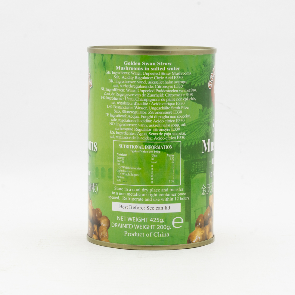 Golden Swan Straw Mushrooms (Unpeeled) in Salted Water 425g (Drained Weight 200g)