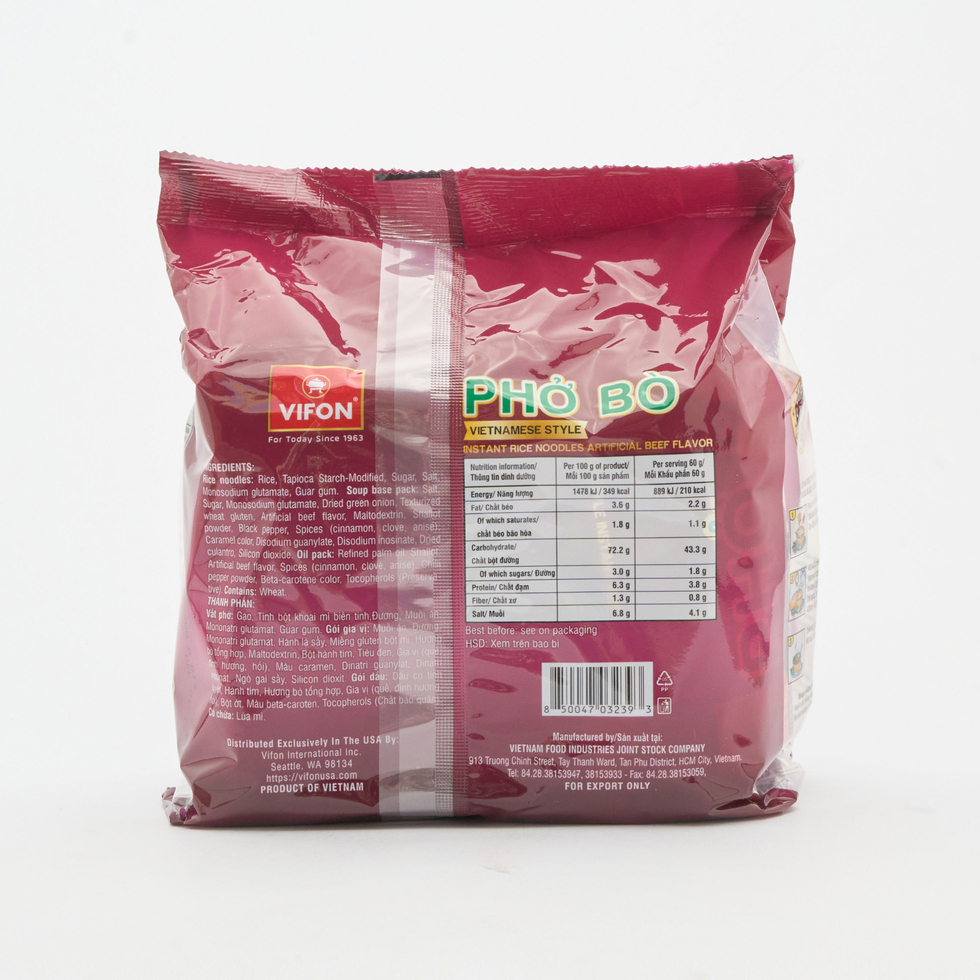 Vifon Pho Bo Beef Flavour Instant Rice Noodles 4x60g
